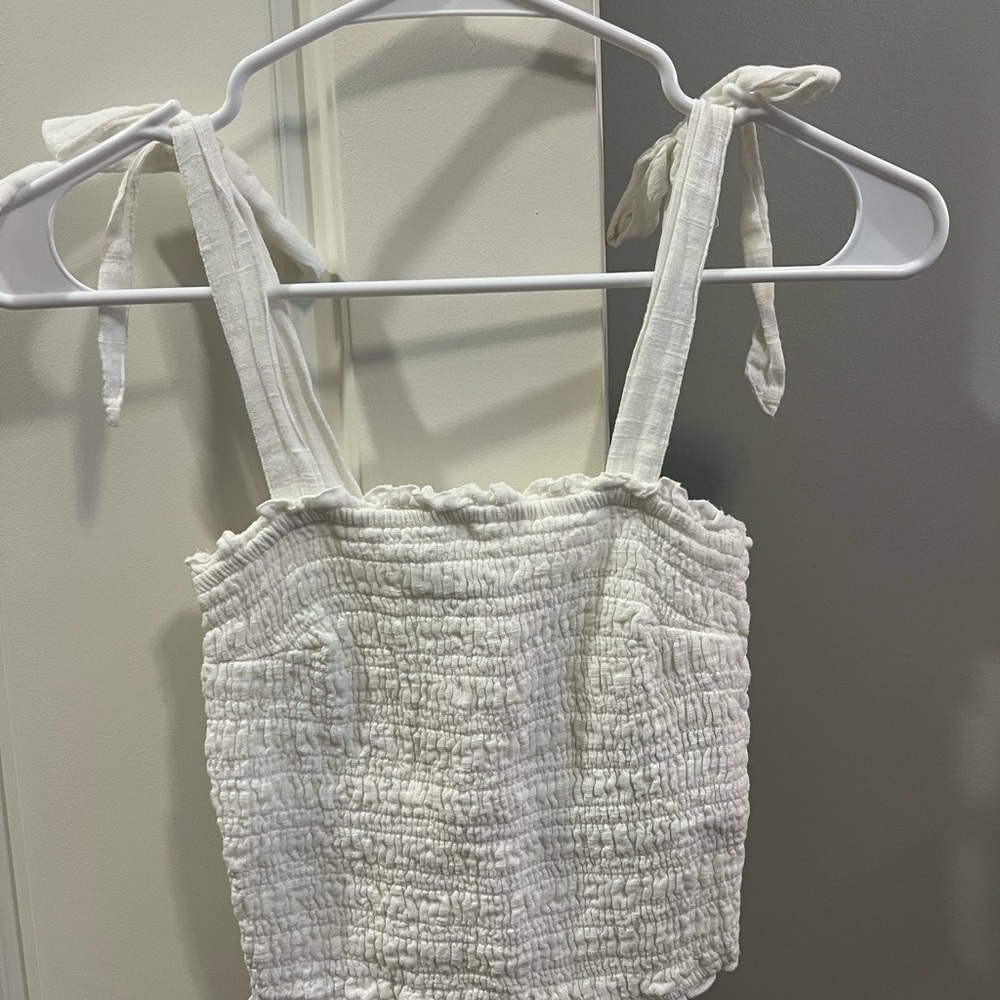 Abercrombie & Fitch Cream Smocked Tank Top with Tie Shoulders
